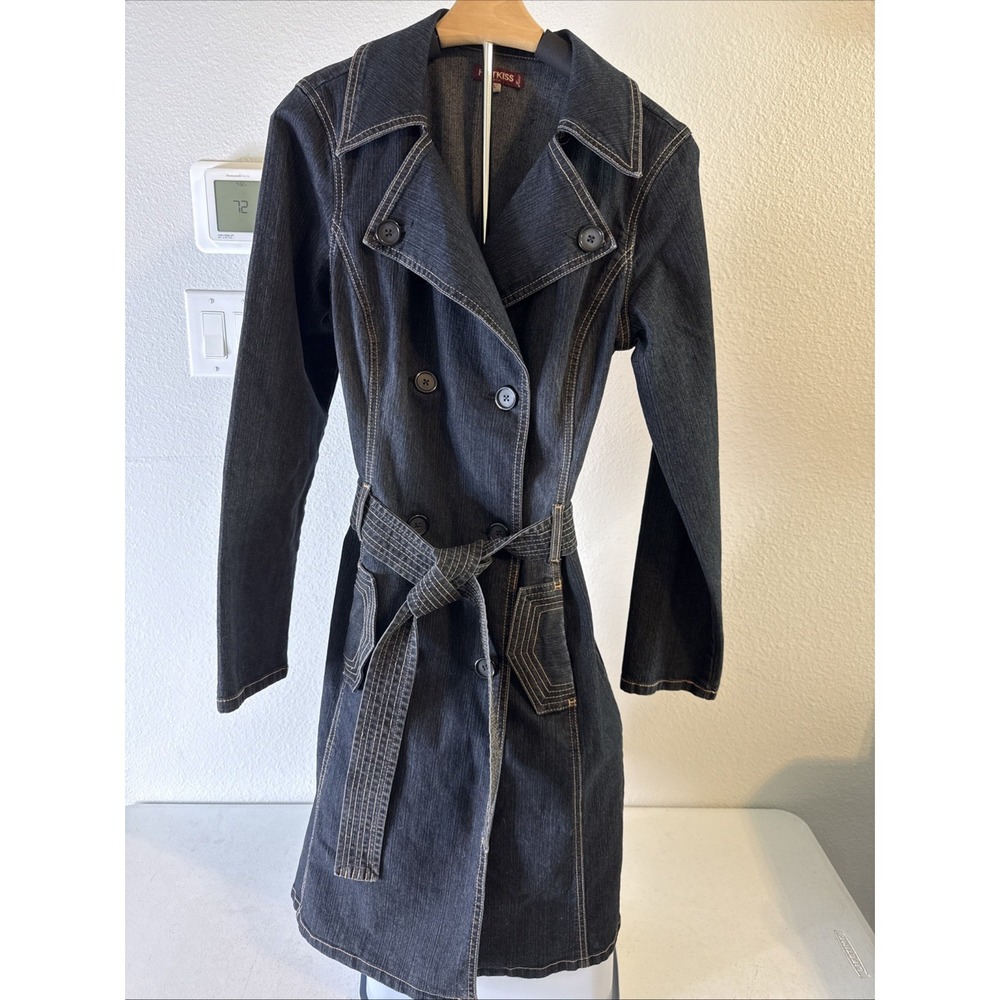 HOTKISS Women's Denim Trench Coat with Belt Double Breasted Size L